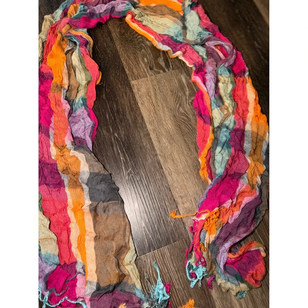 Multi Color Plaid‎ Crinkle Scarf Bohemian Fringe Trim Fuchsia Orange Teal